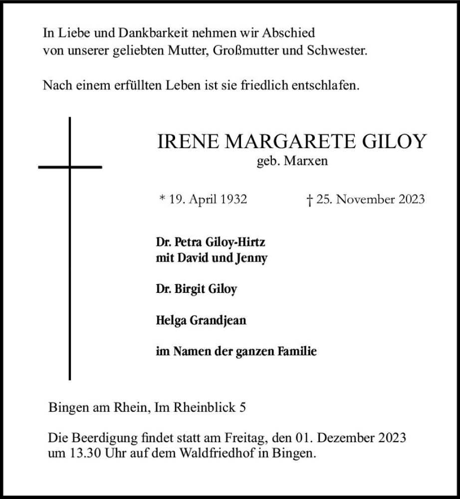  Traueranzeige für Irene Margarete Giloy vom 28.11.2023 aus Allgemeine Zeitung Bingen/Ingelheim