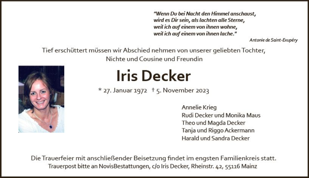  Traueranzeige für Iris Decker vom 11.11.2023 aus Allgemeine Zeitung Bad Kreuznach