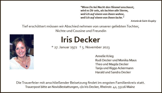 Traueranzeige von Iris Decker von Allgemeine Zeitung Bad Kreuznach