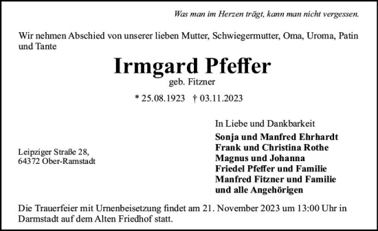 Traueranzeige von Irmgard Pfeffer von Darmstädter Echo