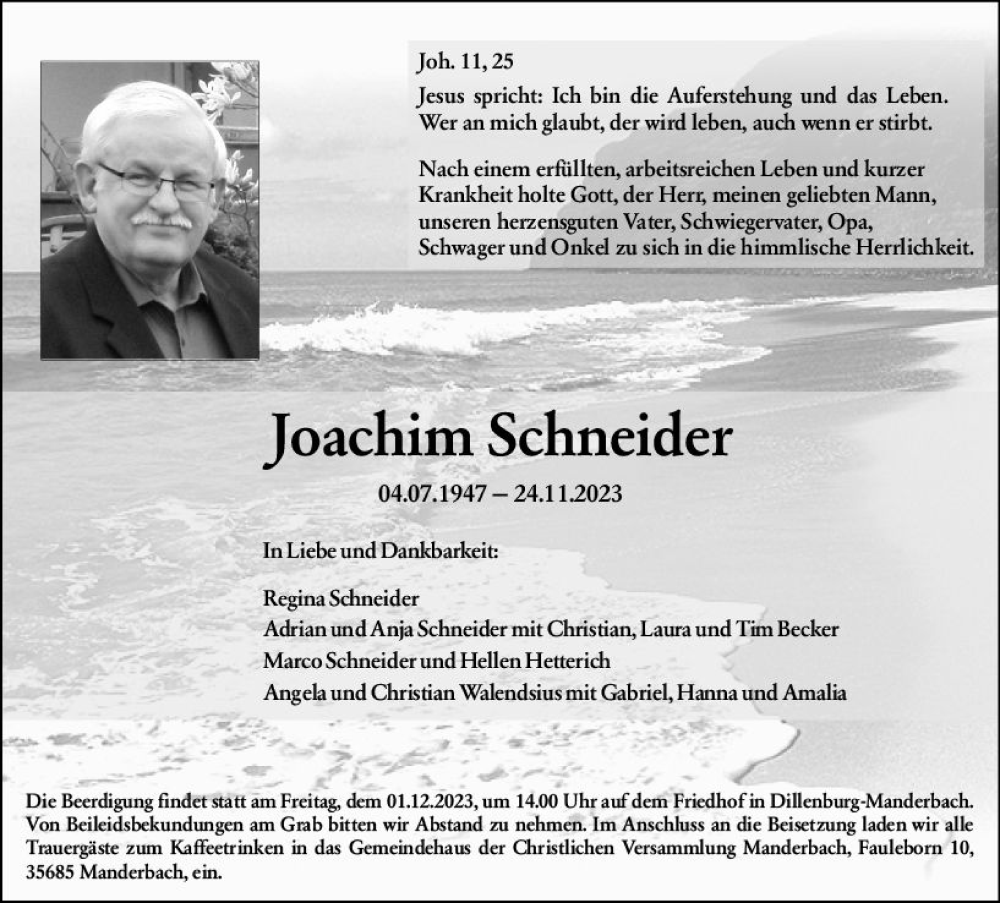  Traueranzeige für Joachim Schneider vom 29.11.2023 aus Dill Block