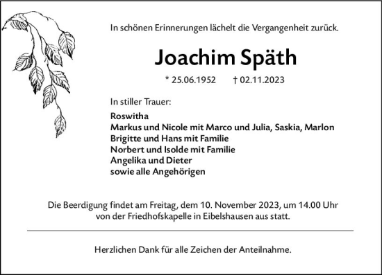 Traueranzeige von Joachim Späh von Dill Block