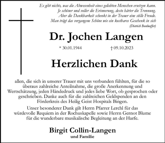 Traueranzeige von Jochen Langen von Allgemeine Zeitung Bingen/Ingelheim