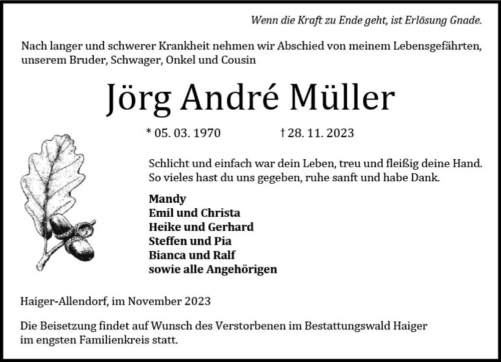  Traueranzeige für Jörg  Andre Müller vom 30.11.2023 aus Dill Block