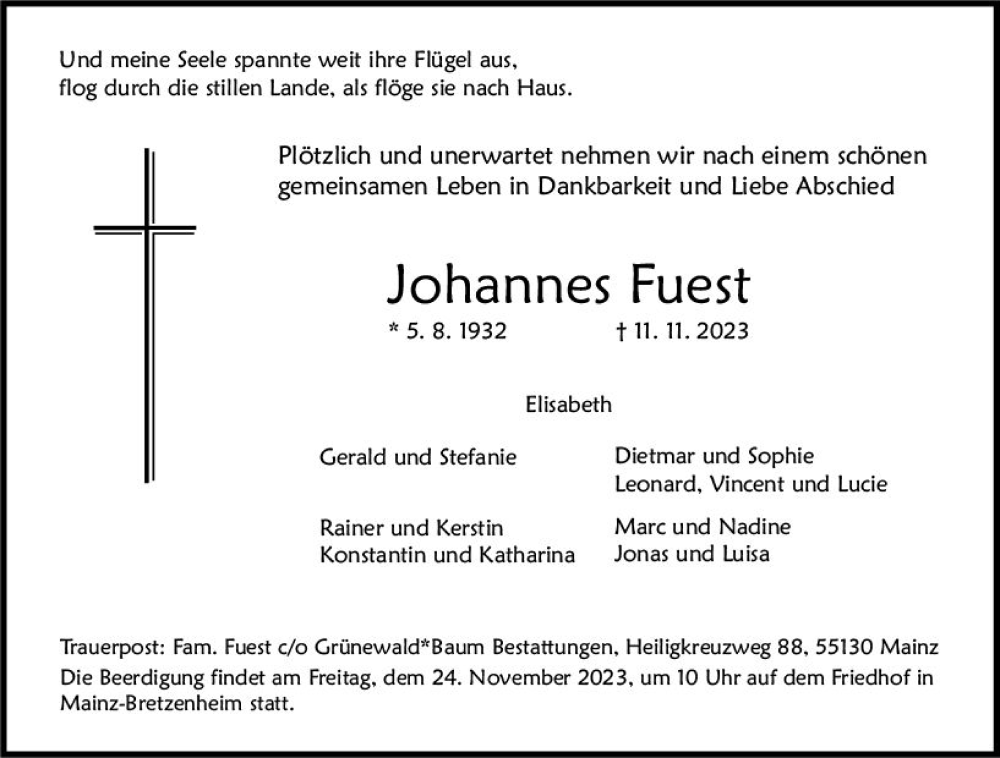  Traueranzeige für Johannes Fuest vom 18.11.2023 aus Allgemeine Zeitung Mainz
