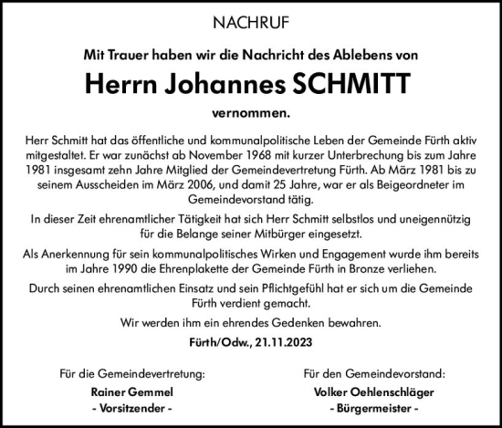 Traueranzeige von Johannes Schmitt von Starkenburger Echo