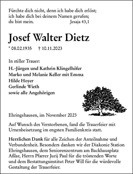 Traueranzeige von Josef Walter Dietz von Wetzlarer Neue Zeitung