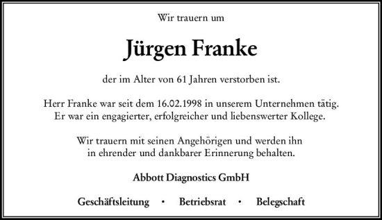 Traueranzeige von Jürgen Franke von Wiesbadener Kurier