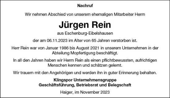 Traueranzeige von Jürgen Rein von Dill Block