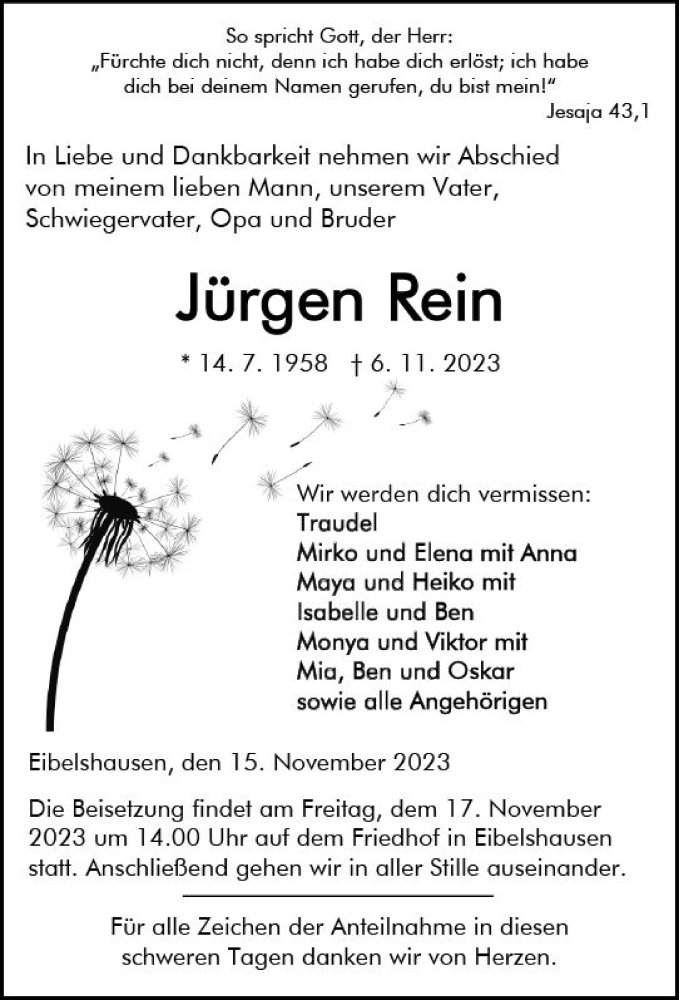  Traueranzeige für Jürgen Rein vom 15.11.2023 aus Dill Block