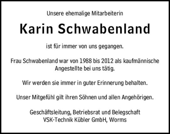 Traueranzeige von Karin Schwabenland von Wormser Zeitung