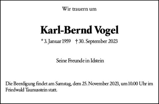 Traueranzeige von Karl-Bernd Vogel von Wiesbadener Kurier