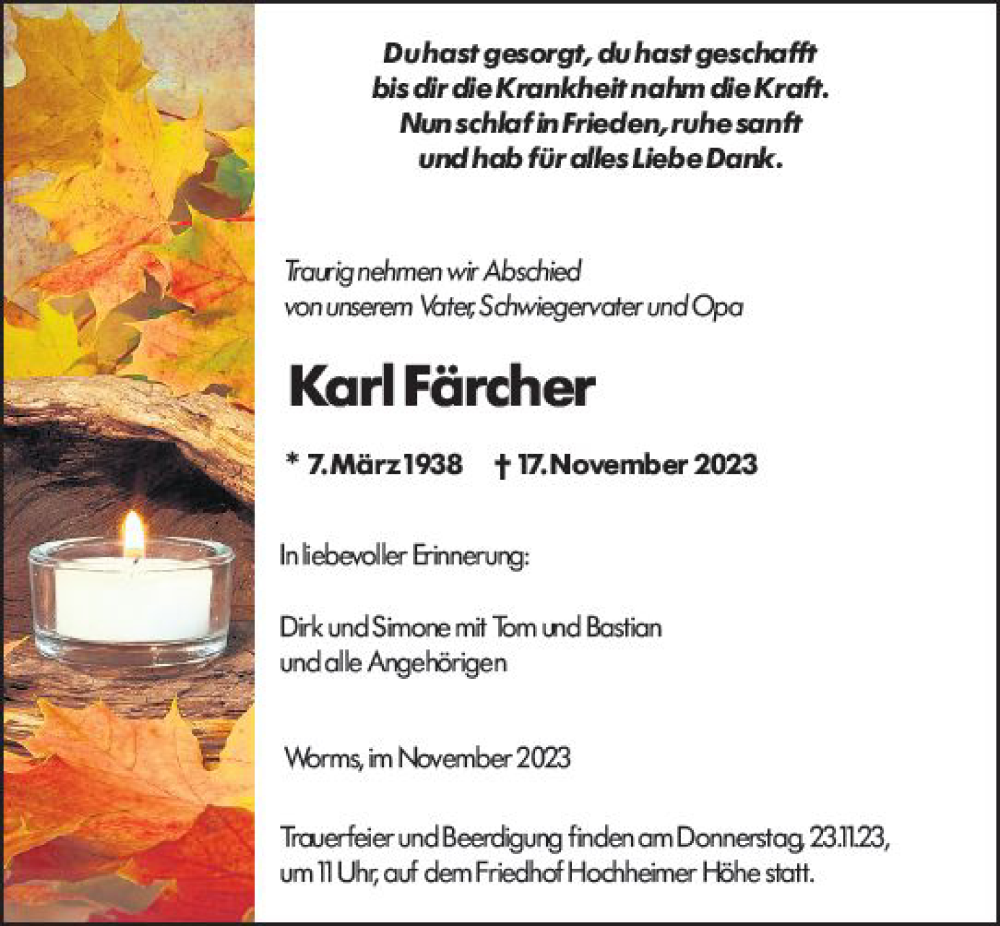  Traueranzeige für Karl Färcher vom 21.11.2023 aus Wormser Zeitung