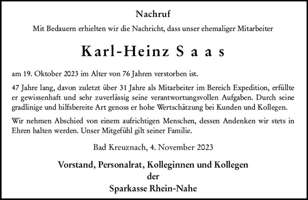  Traueranzeige für Karl-Heinz Saas vom 04.11.2023 aus Allgemeine Zeitung Bad Kreuznach