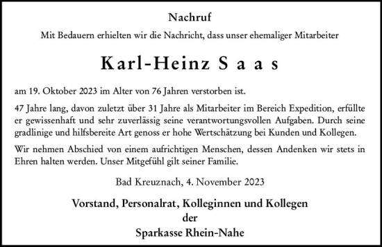 Traueranzeige von Karl-Heinz Saas von Allgemeine Zeitung Bad Kreuznach