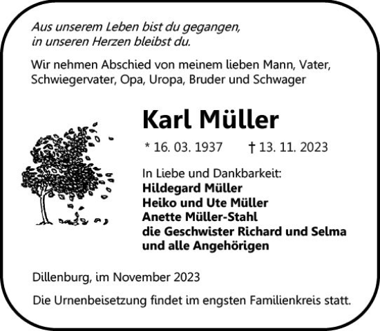 Traueranzeige von Karl Müller von Dill Block