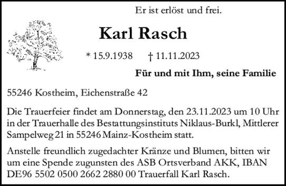  Traueranzeige für Karl Rasch vom 18.11.2023 aus Allgemeine Zeitung Mainz