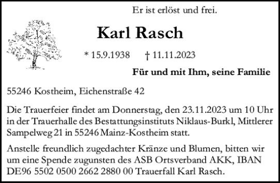 Traueranzeige von Karl Rasch von Allgemeine Zeitung Mainz