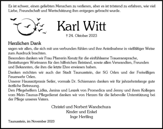 Traueranzeige von Karl Witt von Wiesbadener Kurier
