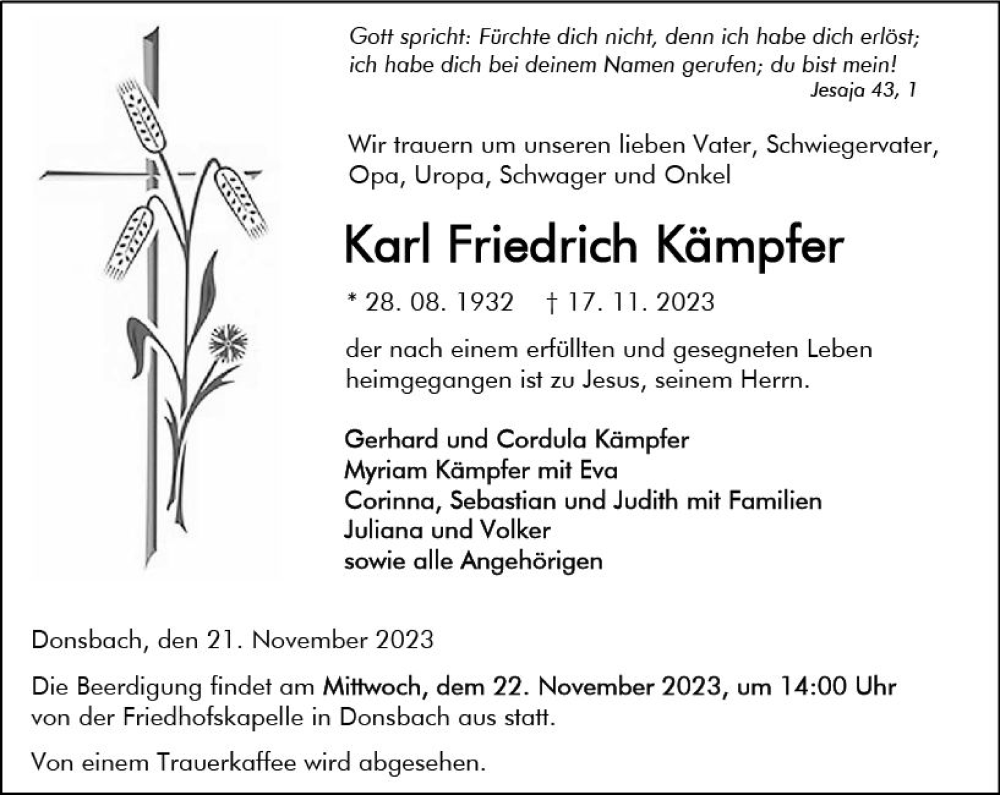  Traueranzeige für Karl Friedrich Kämpfer vom 21.11.2023 aus Dill Block