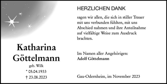Traueranzeige von Katharina Göttelmann von Allgemeine Zeitung Alzey