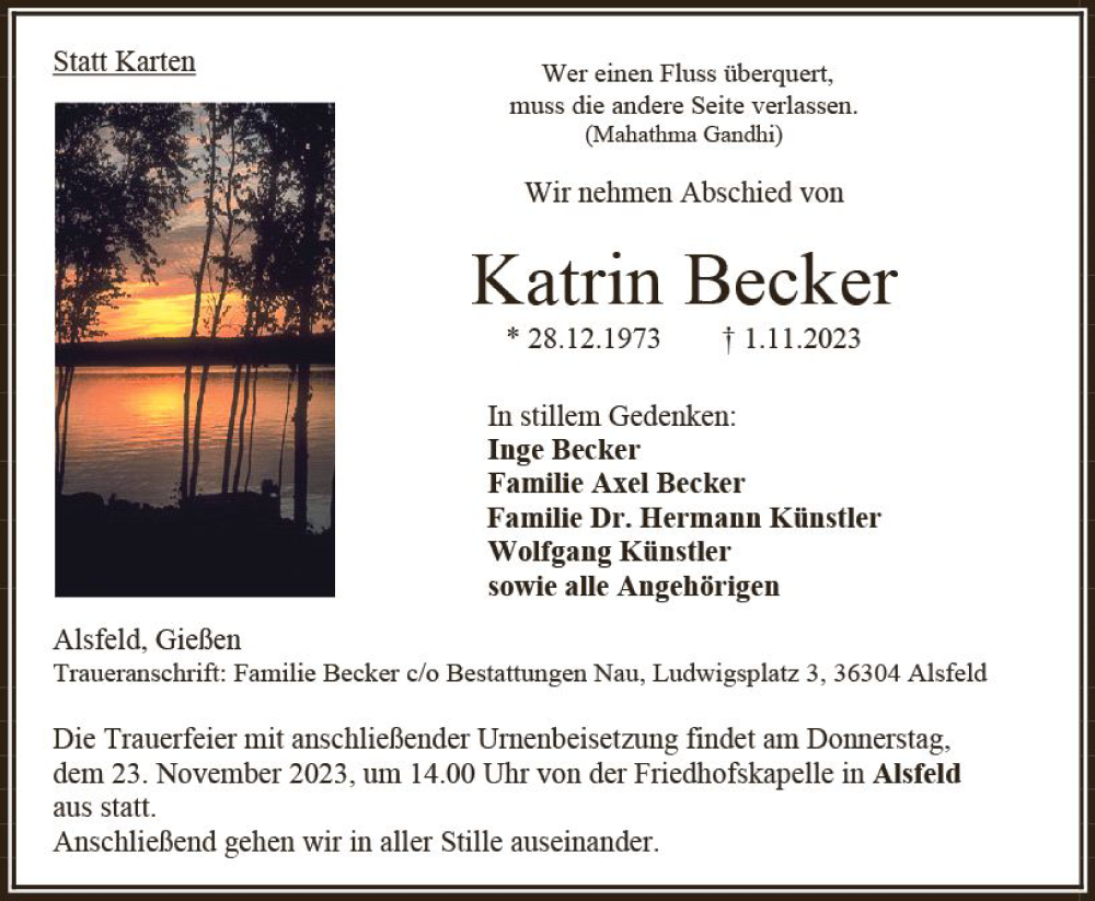  Traueranzeige für Katrin Becker vom 18.11.2023 aus VRM Trauer