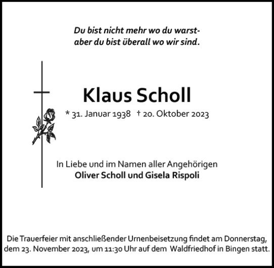 Traueranzeige von Klaus Scholl von Allgemeine Zeitung Bingen/Ingelheim