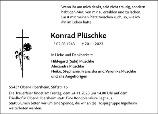 Traueranzeige von Konrad Plüschke von Allgemeine Zeitung Bingen/Ingelheim