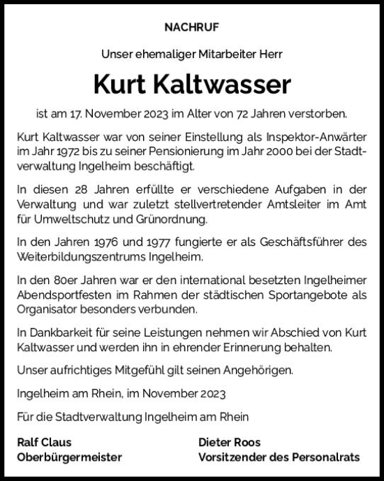 Traueranzeige von Kurt Kaltwasser von Allgemeine Zeitung Bingen/Ingelheim