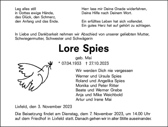 Traueranzeige von Lore Spies von Hinterländer Anzeiger