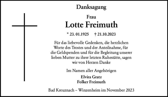 Traueranzeige von Lotte Freimuth von Allgemeine Zeitung Bad Kreuznach