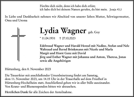 Traueranzeige von Lydia Wagner von Wetzlarer Neue Zeitung
