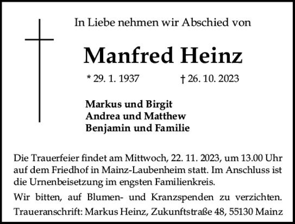  Traueranzeige für Manfred Heinz vom 11.11.2023 aus Allgemeine Zeitung Mainz
