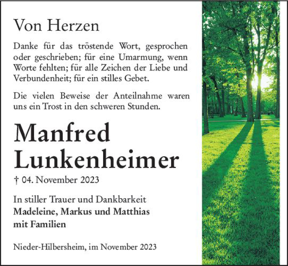  Traueranzeige für Manfred Lunkenheimer vom 29.11.2023 aus Allgemeine Zeitung Bingen/Ingelheim