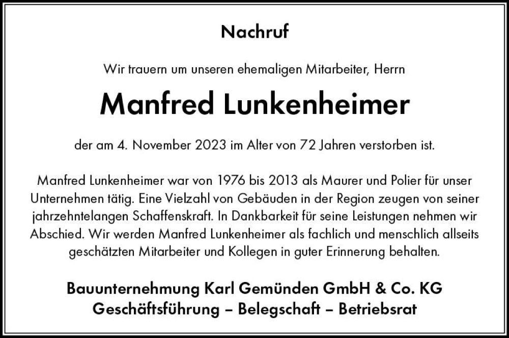  Traueranzeige für Manfred Lunkenheimer vom 13.11.2023 aus Allgemeine Zeitung Bingen/Ingelheim