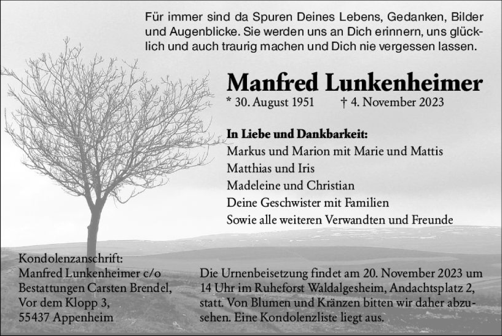  Traueranzeige für Manfred Lunkenheimer vom 13.11.2023 aus Allgemeine Zeitung Bingen/Ingelheim