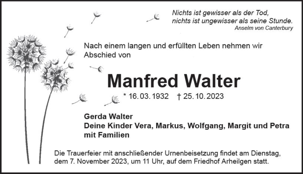  Traueranzeige für Manfred Walter vom 04.11.2023 aus Darmstädter Echo