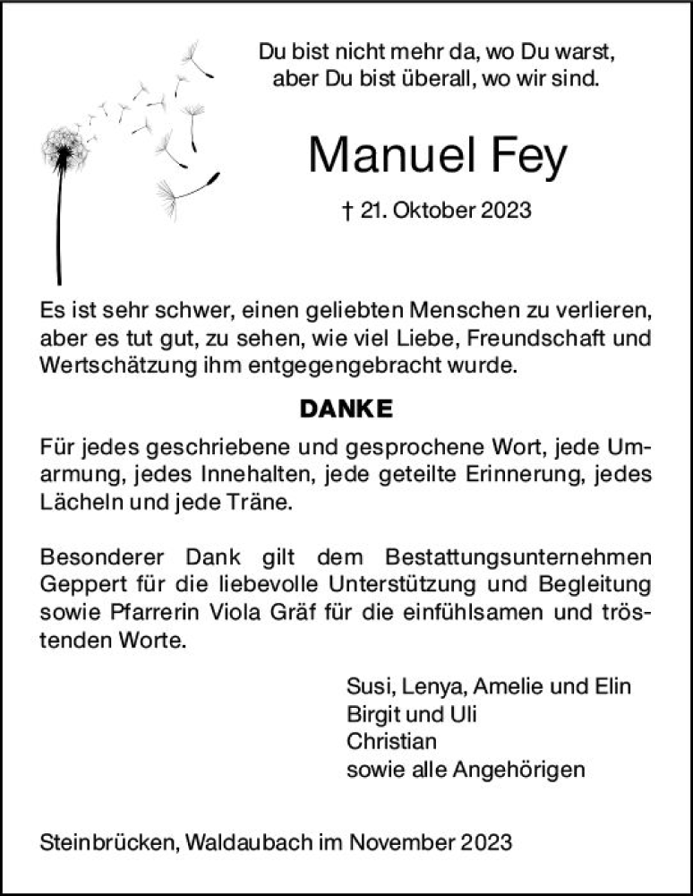  Traueranzeige für Manuel Fey vom 25.11.2023 aus Dill Block