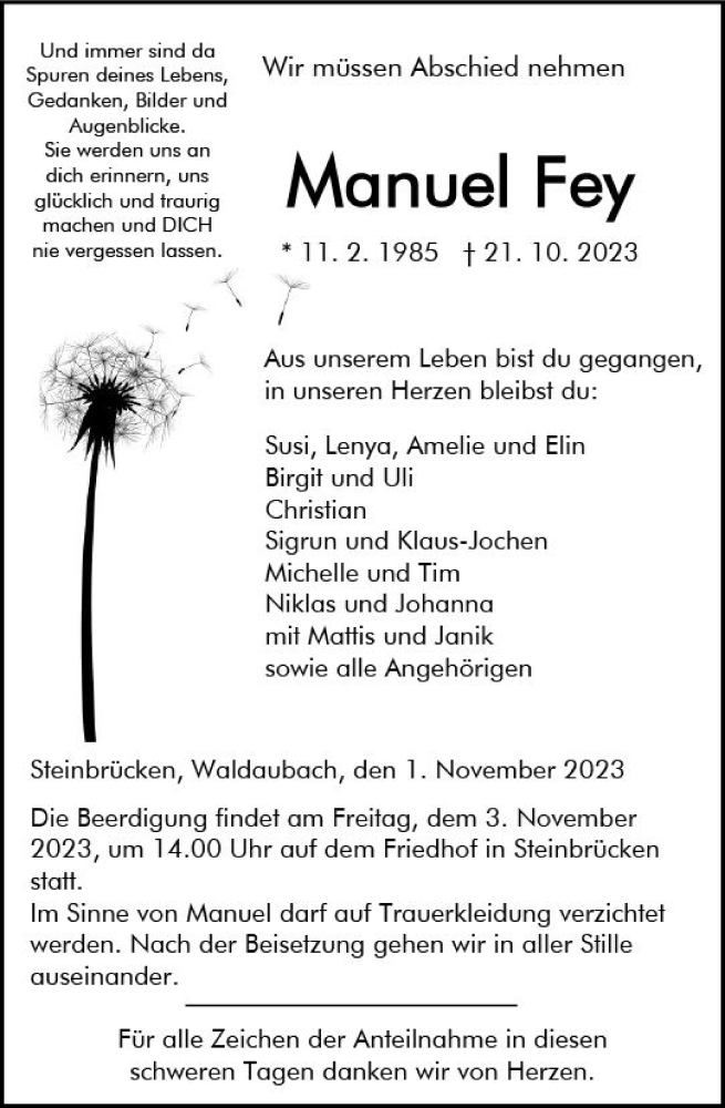 Traueranzeige für Manuel Fey vom 01.11.2023 aus Dill Block