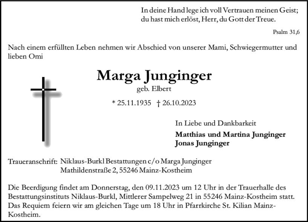  Traueranzeige für Marga Junginger vom 04.11.2023 aus Allgemeine Zeitung Mainz