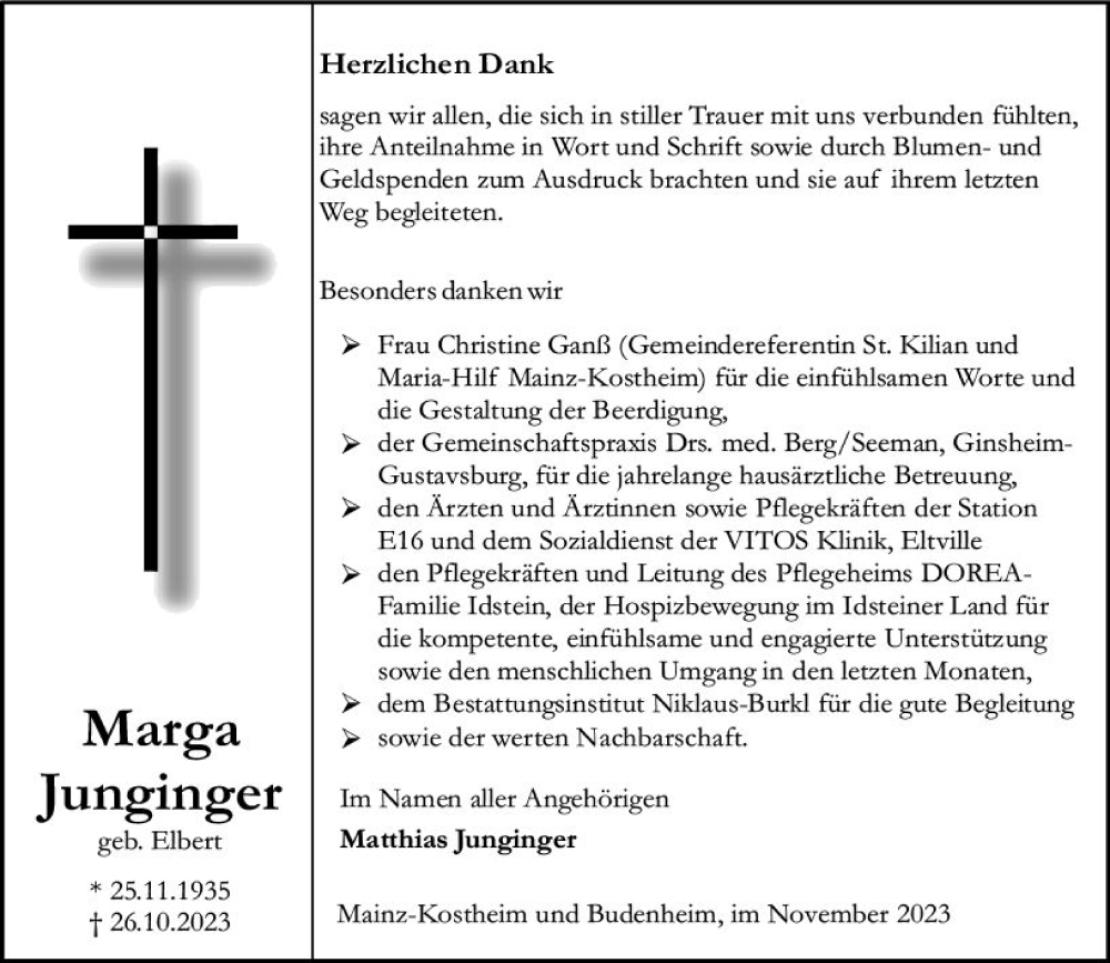  Traueranzeige für Marga Junginger vom 18.11.2023 aus Allgemeine Zeitung Mainz
