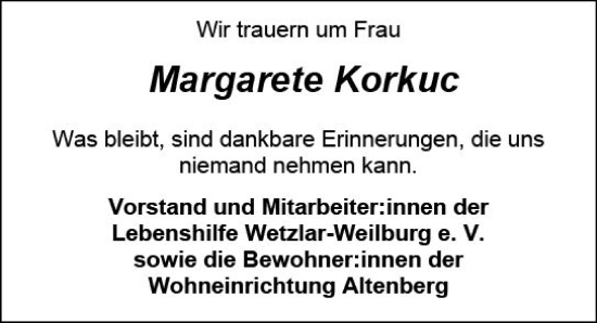 Traueranzeige von Margarete Korkuc von Weilburger Tageblatt