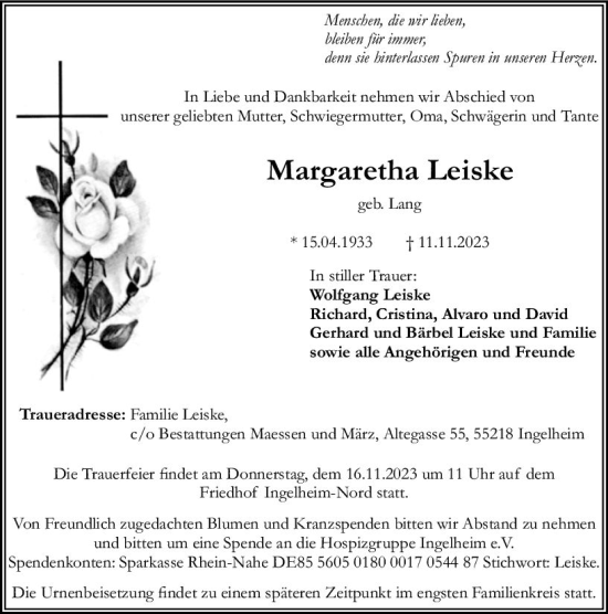 Traueranzeige von Margaretha Leiske von Allgemeine Zeitung Bingen/Ingelheim
