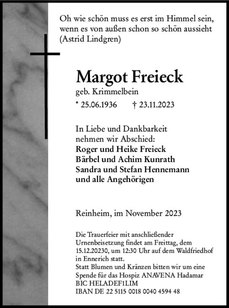 Traueranzeige für Margot Freieck vom 28.11.2023 aus Darmstädter Echo