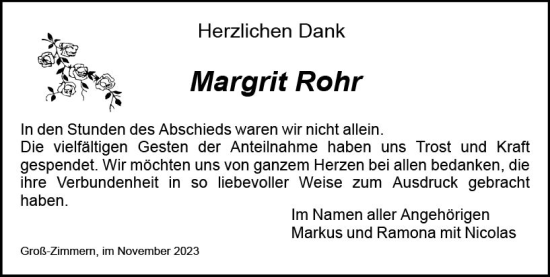 Traueranzeige von Margrit Rohr von Dieburger Anzeiger/Groß-Zimmerner Lokal-Anzeiger