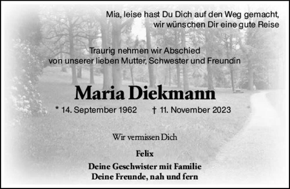  Traueranzeige für Maria Diekmann vom 25.11.2023 aus Odenwälder Echo