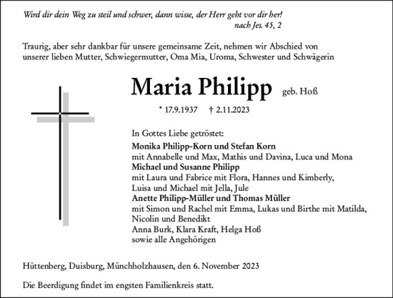 Traueranzeige von Maria Philipp von Wetzlarer Neue Zeitung