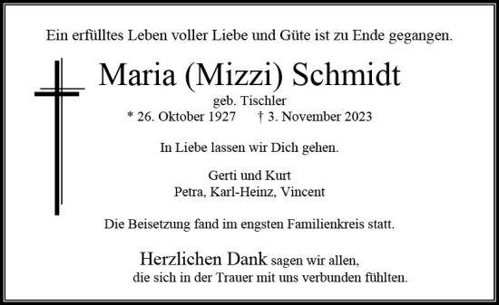 Traueranzeige von Maria  Schmidt von Weilburger Tageblatt