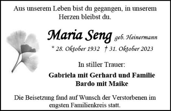 Traueranzeige von Maria Seng von Allgemeine Zeitung Mainz