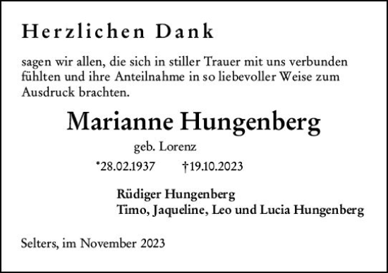 Traueranzeige von Marianne Hungenberg von Weilburger Tageblatt